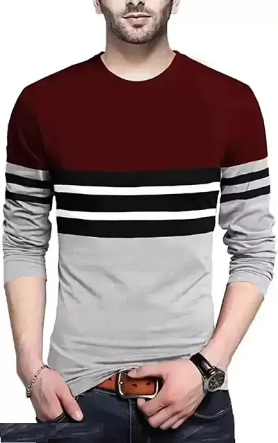 Stylish Polycotton Self Pattern Full Sleeve Round Neck Tees For Men