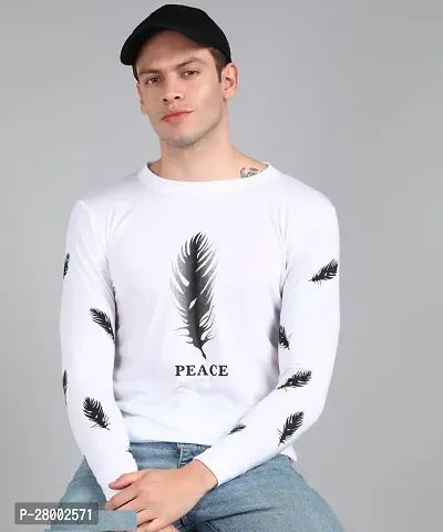 Stylish White Polycotton Printed Full Sleeve Round Neck Tees For Men