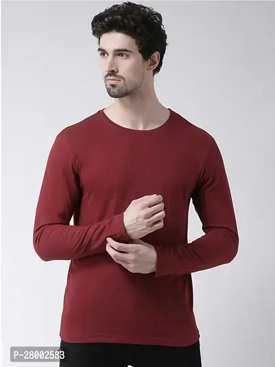 Stylish Maroon Polycotton Solid Full Sleeve Round Neck Tees For Men-thumb0