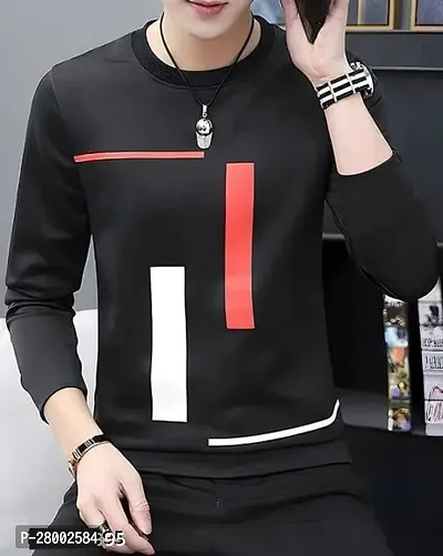 Stylish Black Polycotton Self Pattern Full Sleeve Round Neck Tees For Men-thumb0