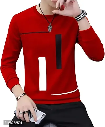 Stylish Red Polycotton Self Pattern Full Sleeve Round Neck Tees For Men-thumb0