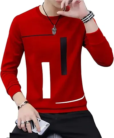 Stylish Polycotton Self Pattern Full Sleeve Round Neck Tees For Men