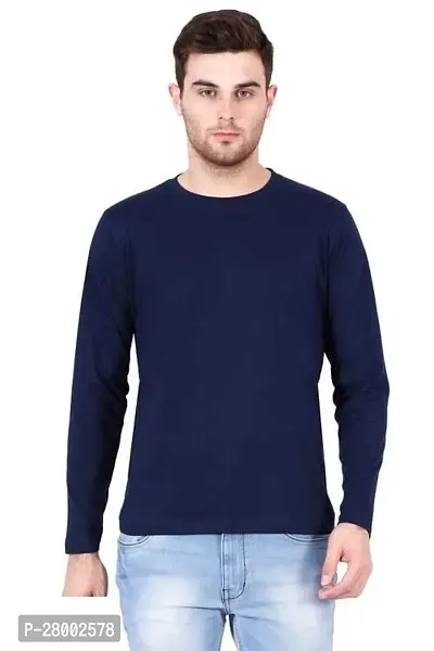 Stylish Navy Blue Polycotton Solid Full Sleeve Round Neck Tees For Men