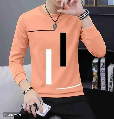 Stylish Peach Polycotton Self Pattern Full Sleeve Round Neck Tees For Men-thumb0