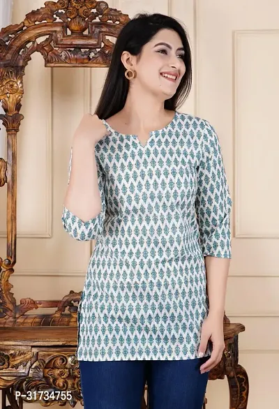 Stylish Green Cotton Short Kurta For Women-thumb0