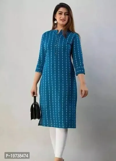 Stylish Straight Blue Printed Cotton Kurta Bottom Set For Women