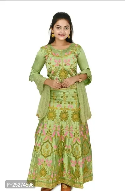 Stylish Green Satin Lehenga Cholis For Girl