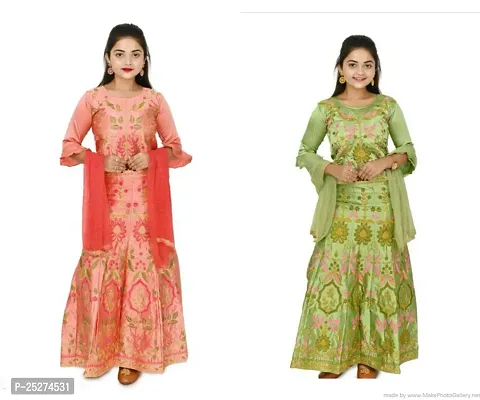 Stylish Multicoloured Satin Lehenga Cholis For Girl Pack Of 2-thumb0
