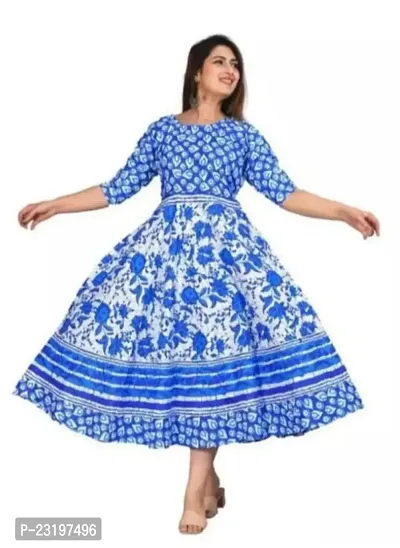 Stylish Cotton Royal Blue Printed 3/4 Sleeve Dress For Women