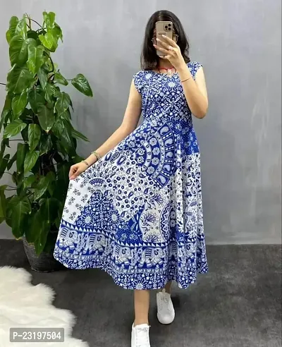 Stylish Cotton Royal Blue Printed Sleeveless Dress For Women