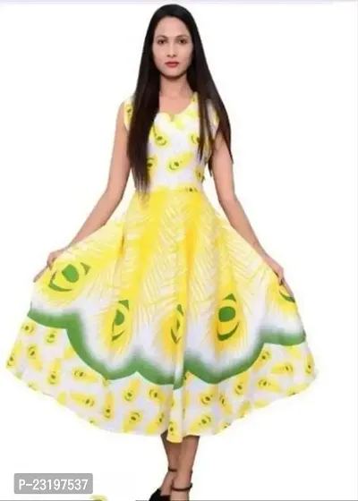 Stylish Cotton Yellow Printed Sleeveless Dress For Women