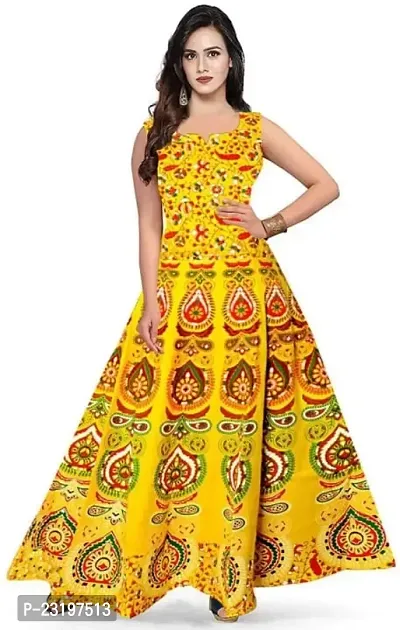 Stylish Cotton Yellow Printed Sleeveless Dress For Women-thumb0