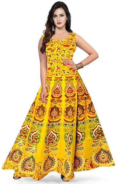 MATKEWALAZ Women's Cotton Jaipuri Sanganeri Print Midi Long Dress Cotton Printed Maxi Dress A-Line Cotton Gown Dress Maxi Hand Block (Multicolor-2)