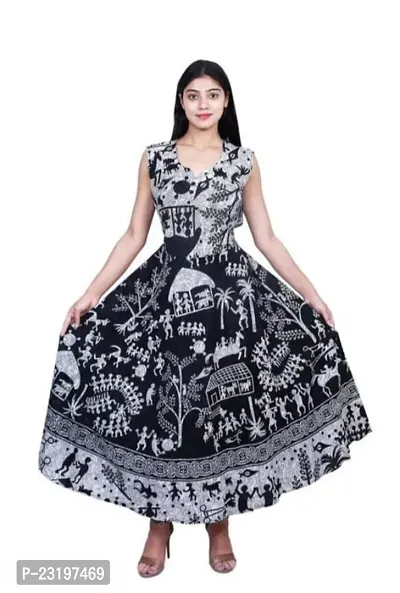Stylish Cotton Black Printed Sleeveless Dress For Women