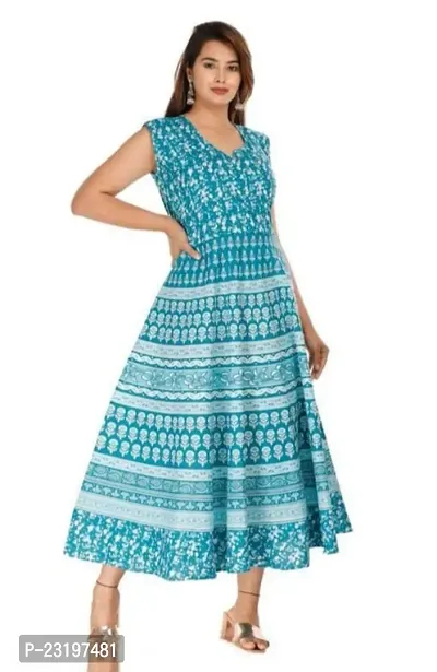 Stylish Cotton Sea Blue Printed Sleeveless Dress For Women