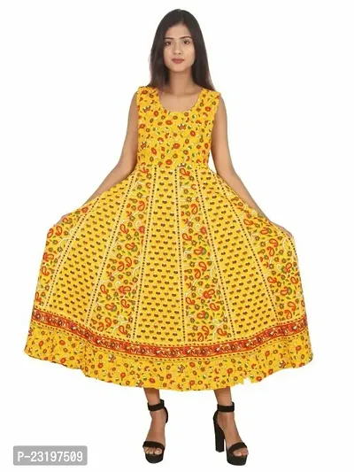 Stylish Cotton Yellow Printed Sleeveless Dress For Women-thumb0