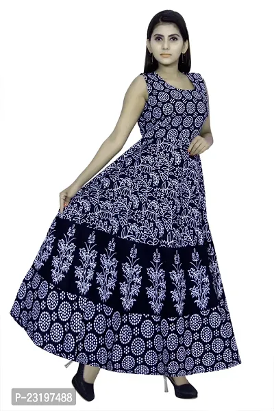 Stylish Cotton Navy Blue Printed Sleeveless Dress For Women