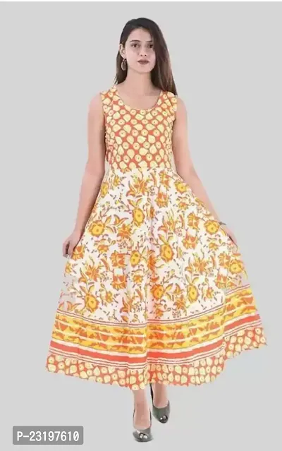 Stylish Cotton Yellow Printed Sleeveless Dress For Women