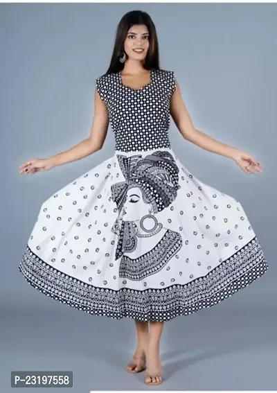Stylish Cotton White Printed Sleeveless Dress For Women-thumb0