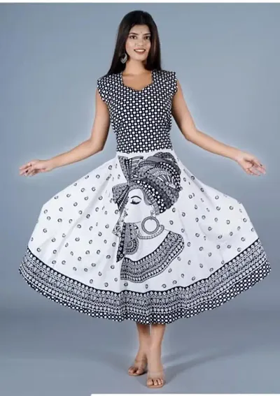 MATKEWALAZ Women's Cotton Jaipuri Sanganeri Print Midi Long Dress Cotton Printed Maxi Dress A-Line Cotton Gown Dress Maxi Hand Block