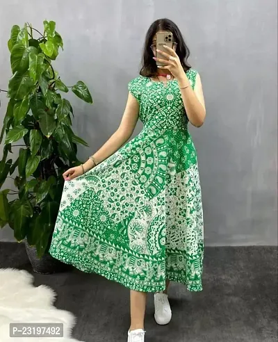 Stylish Cotton Green Printed Sleeveless Dress For Women