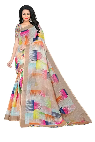 B Fashion Women's Linen Saree With Blouse Piece (Pink Beige) - BHRI_Digital_Print_BG_056