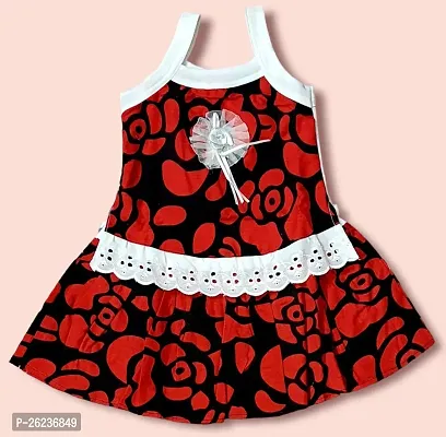 Stylish Cotton Blend Red Printed Frocks For Girls