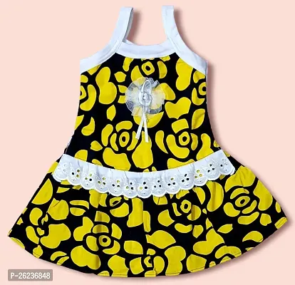 Stylish Cotton Blend Yellow Printed Frocks For Girls