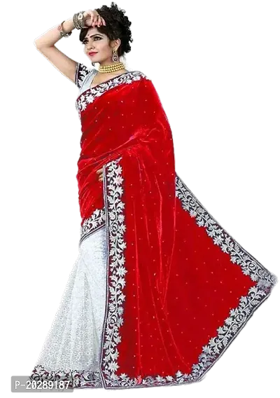 Stylish Cotton Red Embroidered Saree Without Blouse Piece For Women