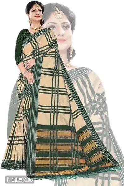 Stylish Cotton Beige Checked Saree Without Blouse Piece For Women