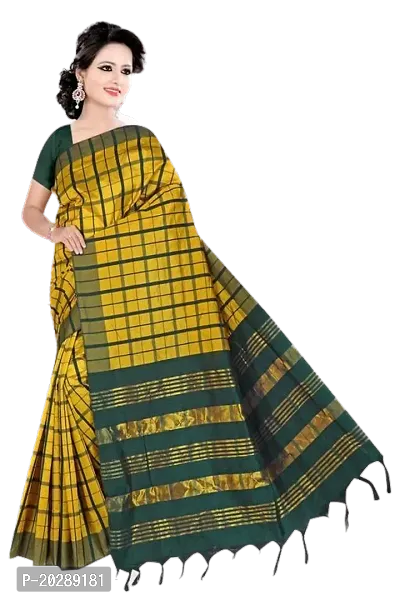 Stylish Cotton Mustard Checked Saree Without Blouse Piece For Women