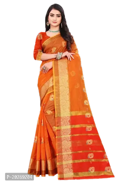 Stylish Cotton Orange Jacquard Saree Without Blouse Piece For Women-thumb0