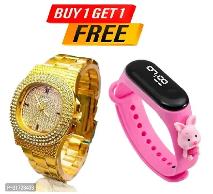 New Golden Stone Studded Sekou Wrist Watch For Men  Women Analog Watches With M4  Pink Cartoon caracter watch-thumb0