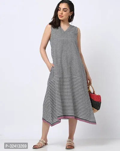 Stylish Grey Cotton Checked A-Line Dress For Women-thumb0