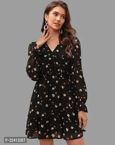 Stylish Black Cotton Printed A-Line Dress For Women-thumb0