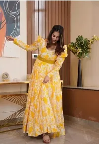 Stylish Yellow Georgette Printed Stitched Gowns For Women-thumb1