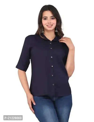 Rankers Women Casual Mandarin Collar Half Sleeve Shirt (X-Large, Navy Blue)-thumb0