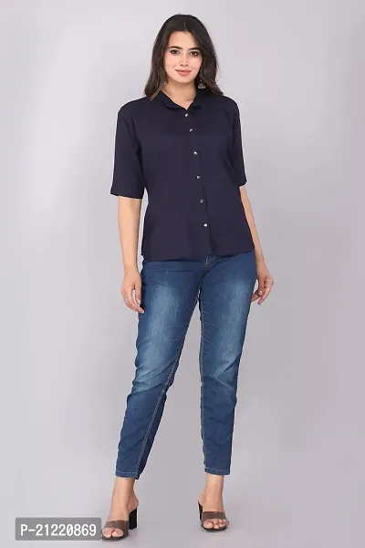 Rankers Women Casual Mandarin Collar Half Sleeve Shirt (X-Large, Navy Blue)-thumb3