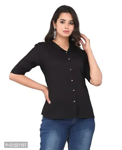 Rankers Women Casual Mandarin Collar Half Sleeve Shirt (Large, Black)