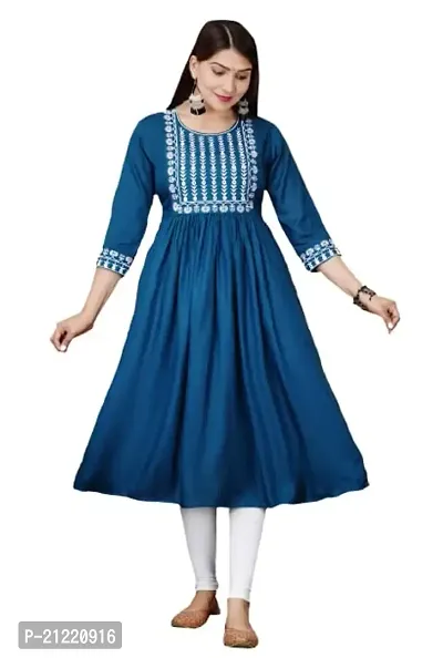 Rankers Women Embroaidered Anarkali Kurta (Large, Teal)