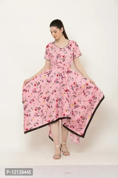 Pink floral print western wear dress for women-thumb2