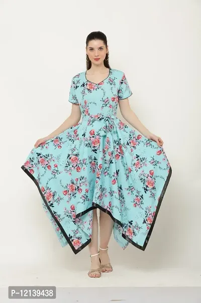 Blue floral print western wear dress for women-thumb3