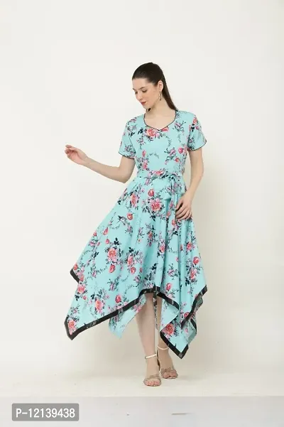 Blue floral print western wear dress for women-thumb4