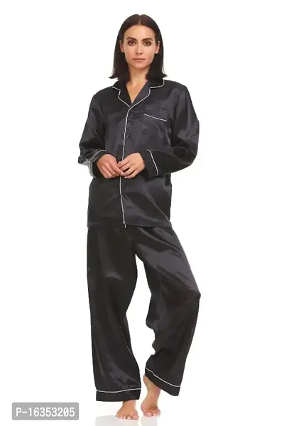 SOWEs BLACK COLORED SOFT COMFY NON TRANSPARENT SATIN SILK FULL NIGHT SUIT-thumb0