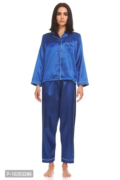 SOWEs BLUE COLORED SOFT COMFY NON TRANSPARENT SATIN SILK FULL NIGHT SUIT