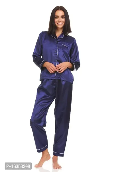 SOWEs NAVY BLUE COLORED SOFT COMFY NON TRANSPARENT SATIN SILK FULL NIGHT SUIT