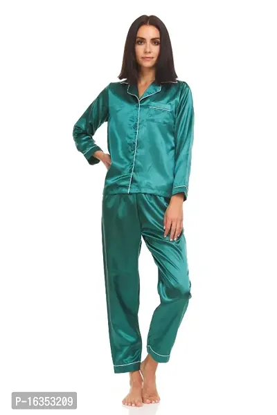 SOWEs PETROL GREEN COLORED SOFT COMFY NON TRANSPARENT SATIN SILK FULL NIGHT SUIT