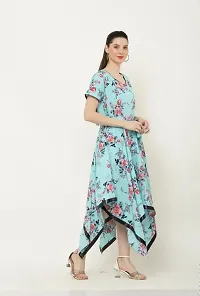 Beautiful Asymmetric Turquoise Floral Print Dress-thumb3