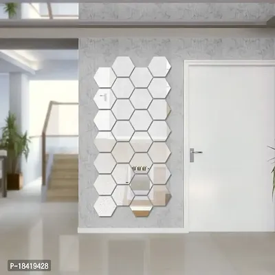 Trendy Decorative Mirror stickers for wall, hexagon mirror wall stickers, acrylic mirror wall decor sticker, hexagonal mirror wall sticker, wall mirror stickers, wall stickers for hall room, bed room, Kitchen ( Hexagon Silver Pack of 45 )-thumb0