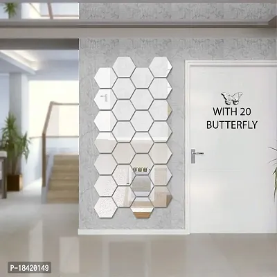 Trendy 28 Hexagon Silver with 20 Butterfly Mirror Stickers for Wall, Wall Mirror Stickers, 3D Acrylic Stickers Wall Stickers for Hall Room, Bed Room, Kitchen Living Room Kids Room-thumb0